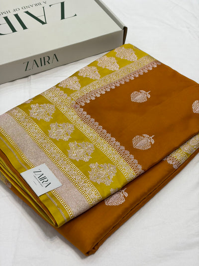 Rust  / Mustard Contrast Shade With Booti Pattern Mashru Silk Saree