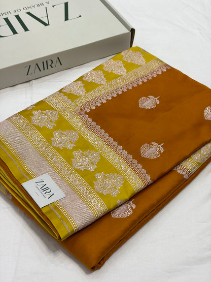Rust  / Mustard Contrast Shade With Booti Pattern Mashru Silk Saree