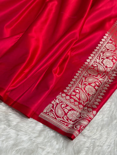 Contrast Banarasi Satin Katan Saree Booti Pattern in Dark Navy / Red Shades SK140