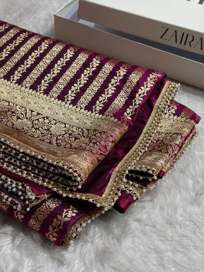 Satin Silk Strip pattern in Wine Shades With Gota Patti SSGP46
