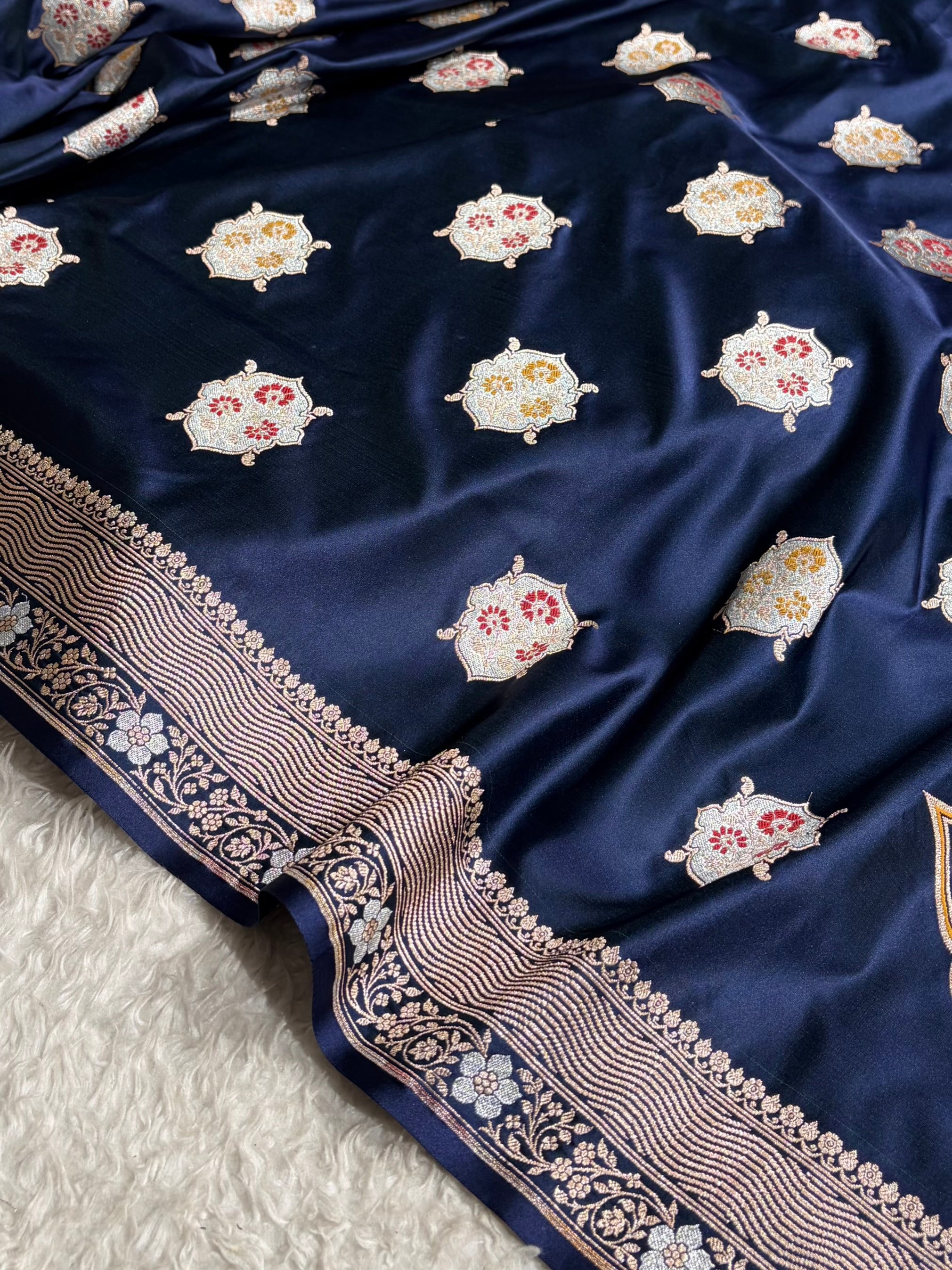 Premium Banarasi Satin Katan Saree Minakari Booti Pattern in Navy Blue Shades SK138