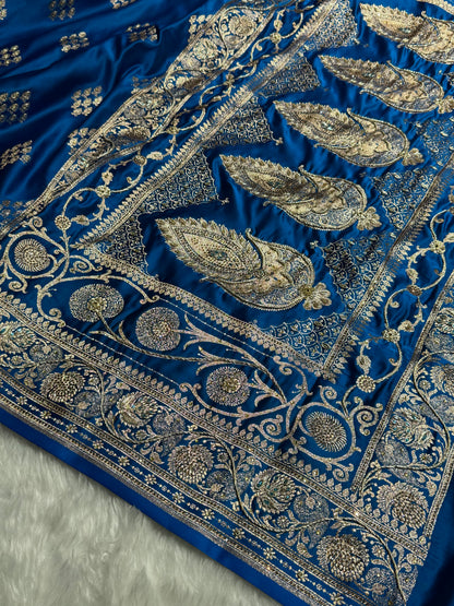 Cross Blue Floral Boota Pattern With Zardozi Stone Work Satin Katan Silk saree BSK34