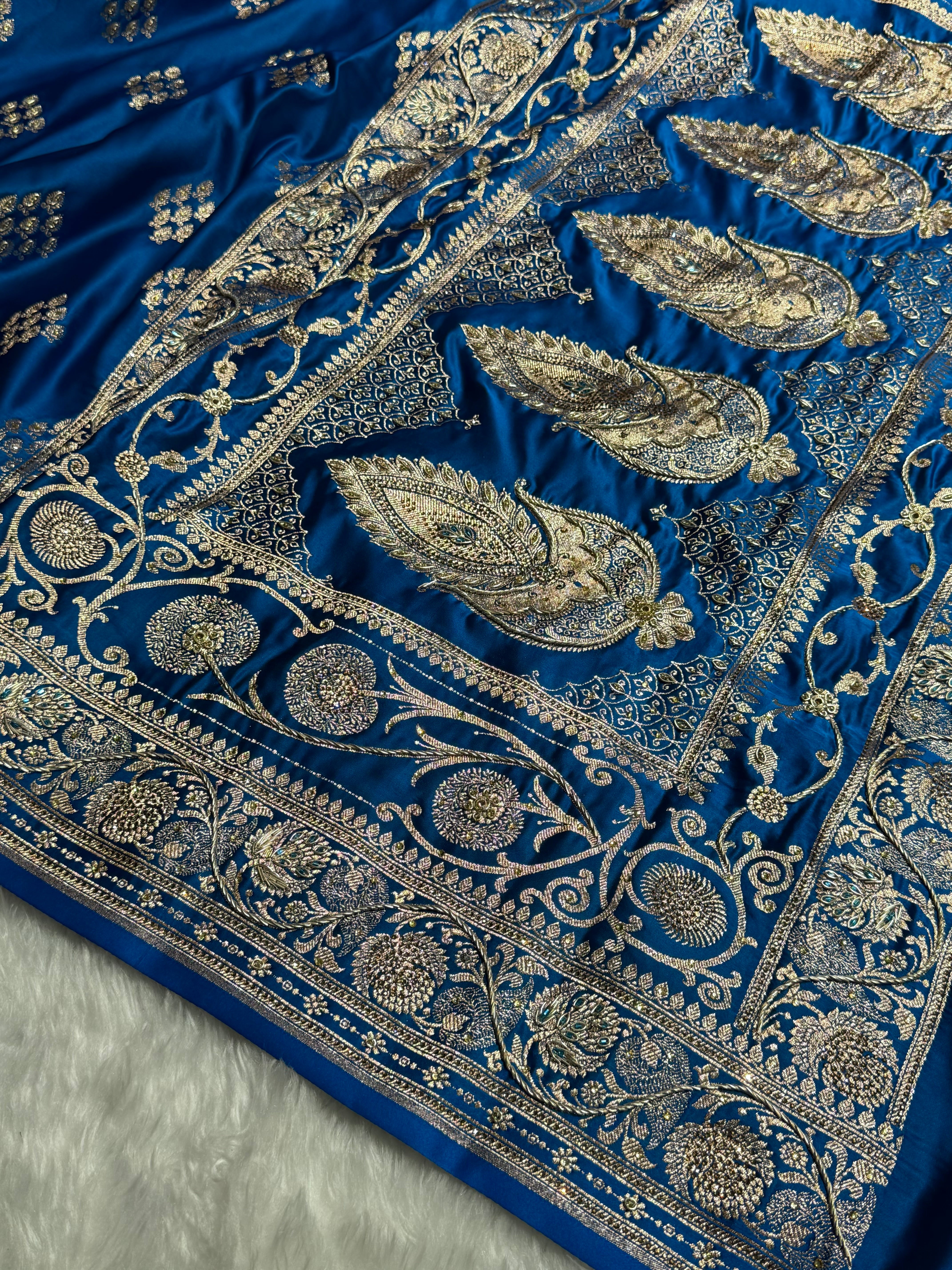 Cross Blue Floral Boota Pattern With Zardozi Stone Work Satin Katan Silk saree BSK34