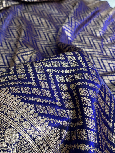 Royal Blue Shades Jaal Pattern Banarasi Satin Silk Saree SS56