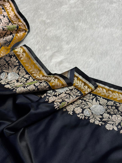 Dark Navy Blue Shades Floral Minakari Skirt Border Mashru Silk Saree MSM-83