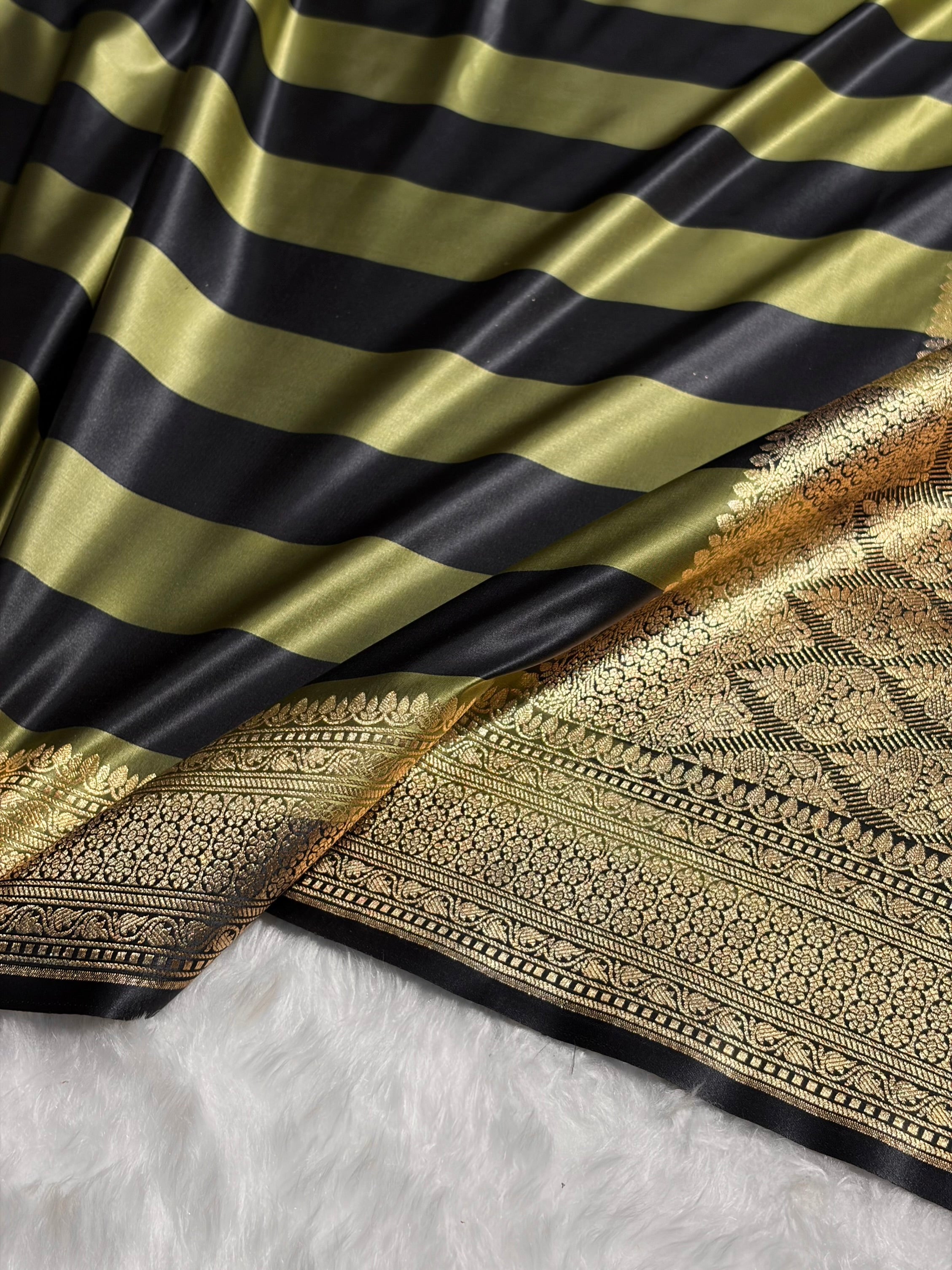 Olive With Black Horizontal Strips Floral Border & Brocket Blouse Mashru Silk Saree MSM-84
