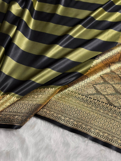 Olive With Black Horizontal Strips Floral Border & Brocket Blouse Mashru Silk Saree MSM-84