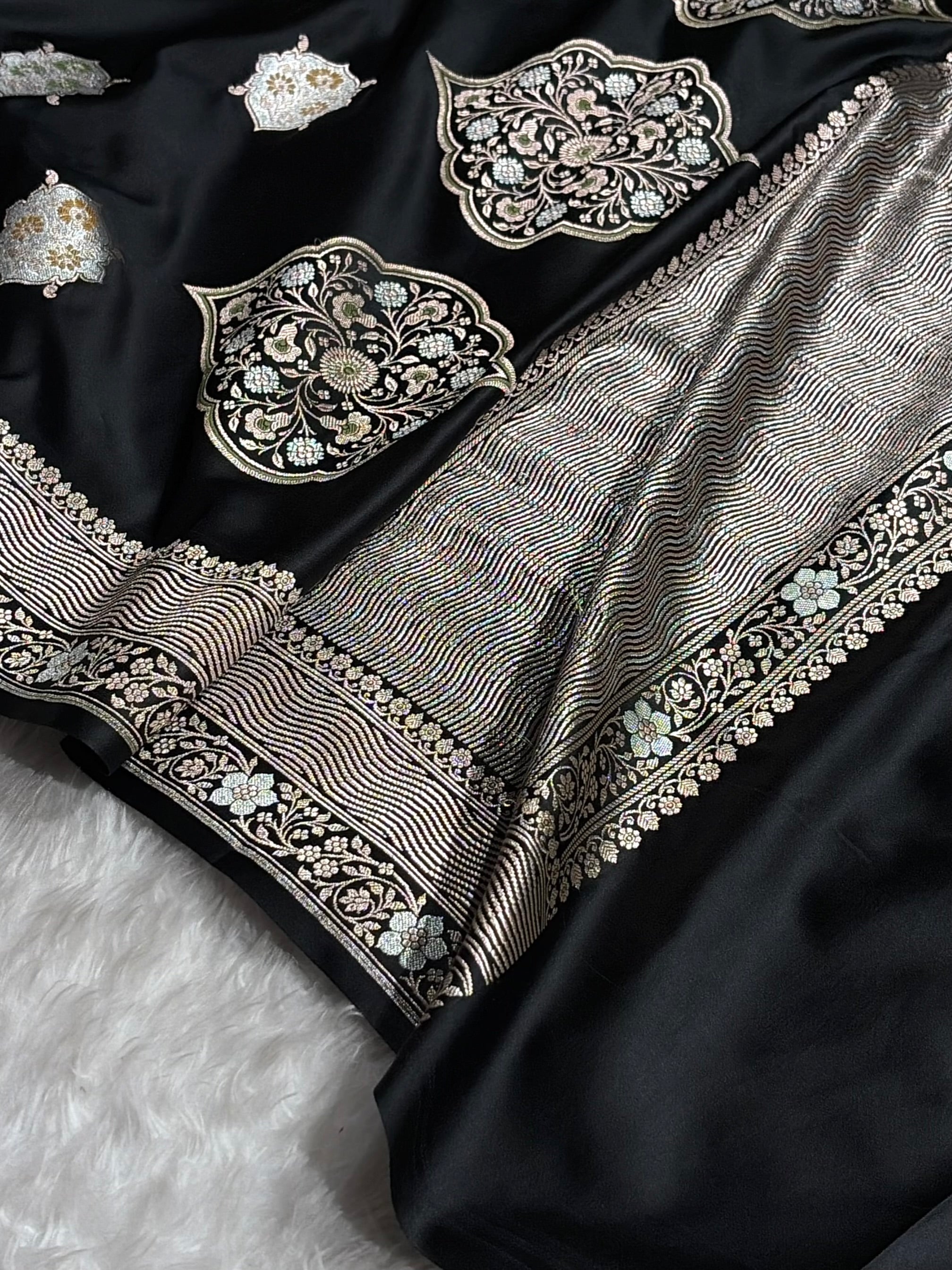Premium Banarasi Satin Katan Saree Minakari Booti Pattern in Black Shades SK138