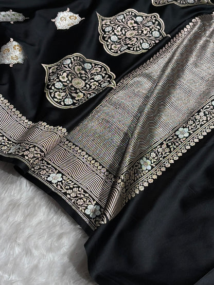 Premium Banarasi Satin Katan Saree Minakari Booti Pattern in Black Shades SK138