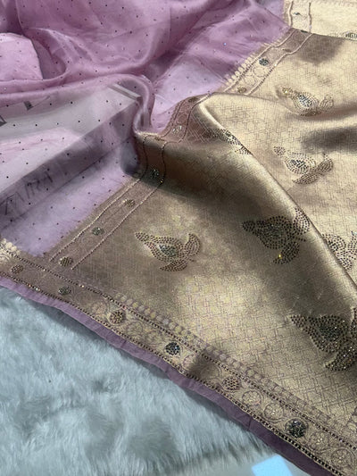 Dusty Lavender Shades Bananasi Birdal Pure Oragnza Saree with Swarovski Work and Brocade Blouse BPO-44