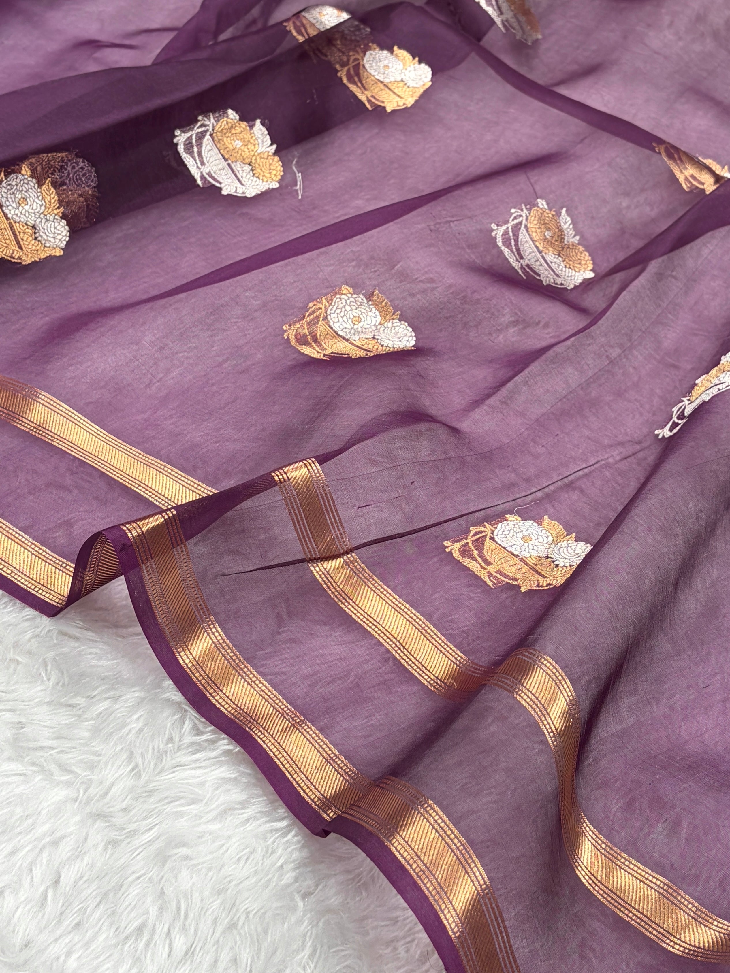 Pure Banarasi Organza Dark Wine Shades Floral Banarasi Silk Saree PO-20
