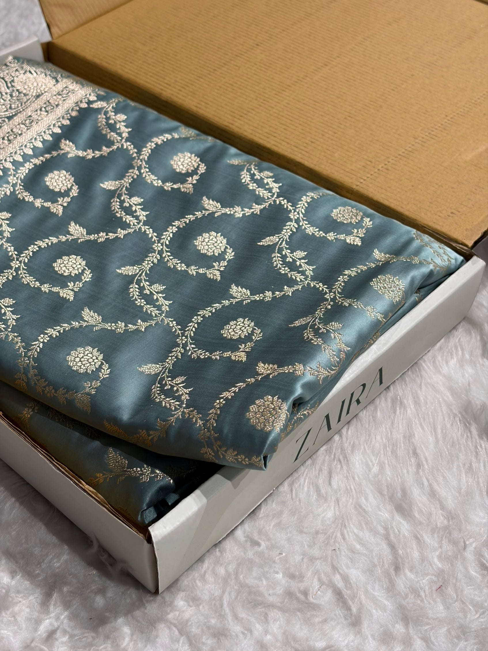 Turquoise Shades Floral Jaal Pattern Satin Katan Silk saree SK55