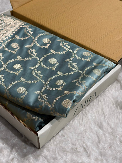 Turquoise Shades Floral Jaal Pattern Satin Katan Silk saree SK55