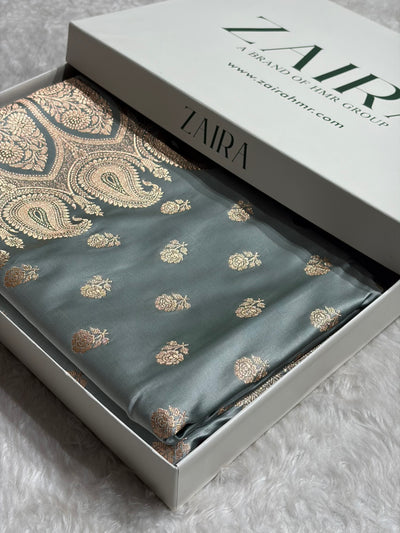 Floral boota Satin katan Silk Saree In Turquoise Shades SK12