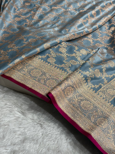 Turquoise Shades Jaal Pattern Satin Katan Silk Saree SK25