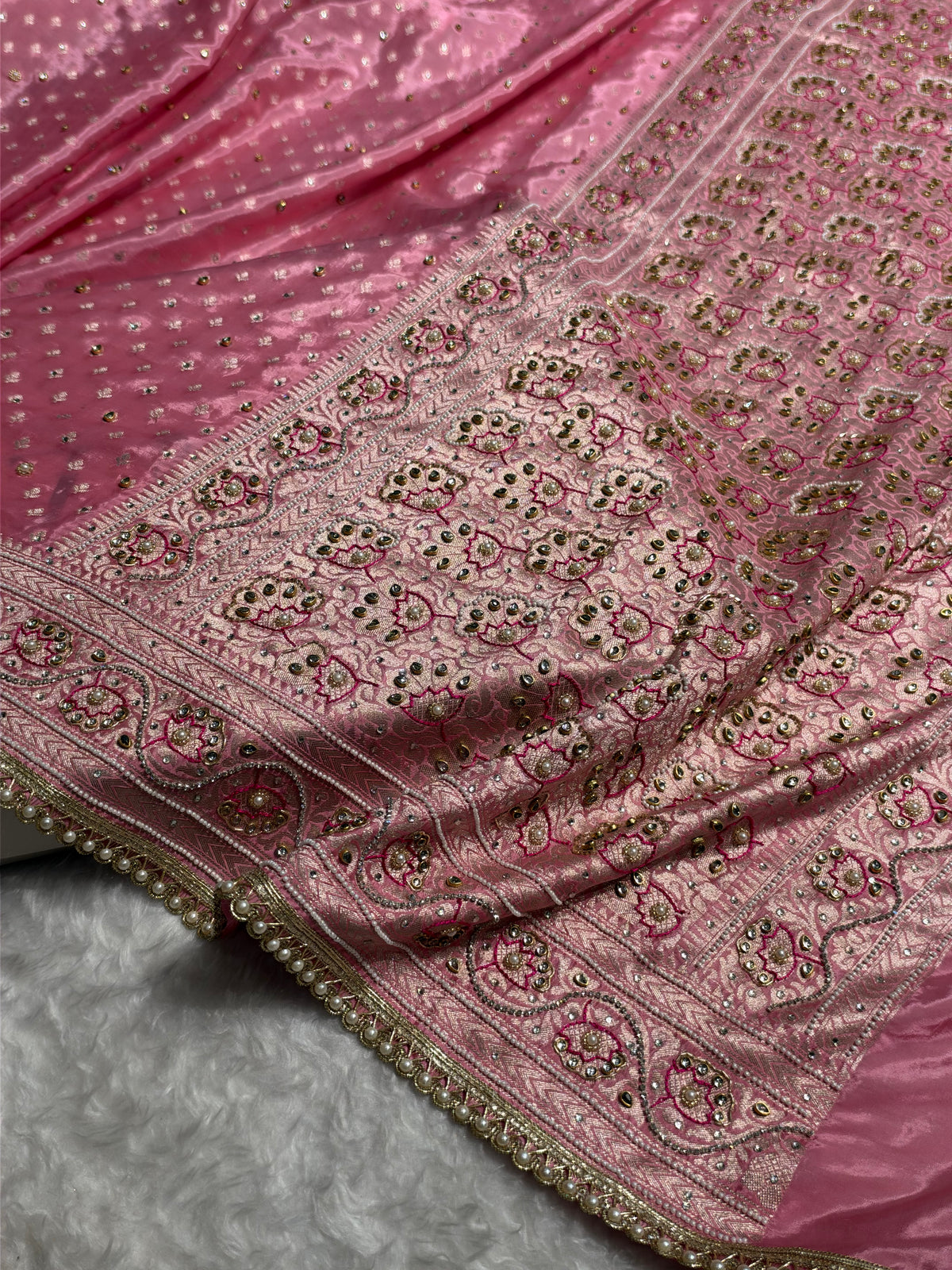 Blush Pink Shades Border Crepe Silky Katan With Ari Zardozi & Gotta Patti Work  Banarasi Saree BCSKGP-04