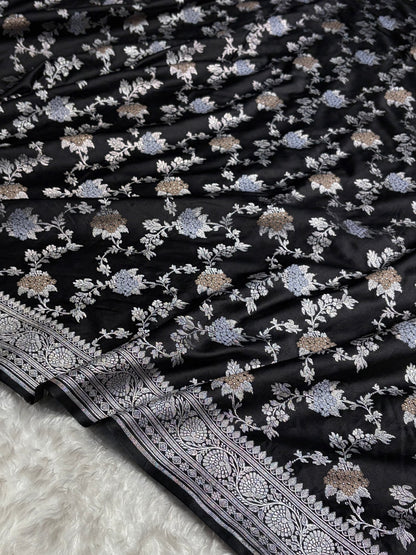 Banarasi Black Shades Jaal Pattern Mashru Silk Saree MS57