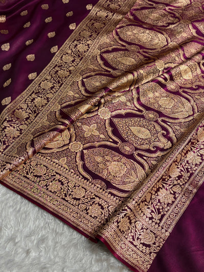 Wine Shades Booti Pattern Banarasi Satin Silk Saree SS58