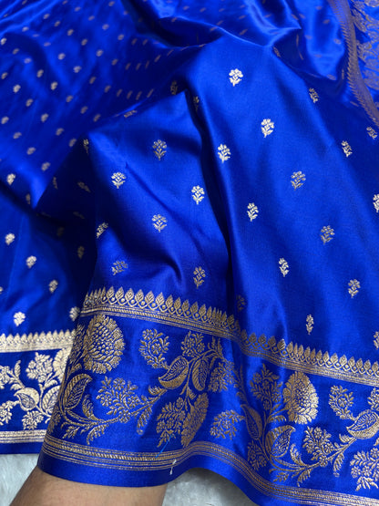 Royal Blue Floral Pattern Satin Katan Silk Saree SK77