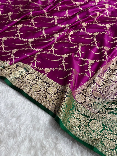 Banarasi Satin Katan Saree With Boota in Contrast Wine With Green Shades SK115