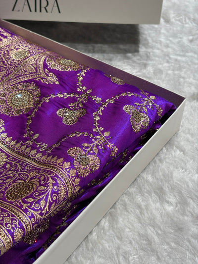 Satin Silk Saree Banarasi Swarovski Work Jaal in Purple Shades BSS23 (R)