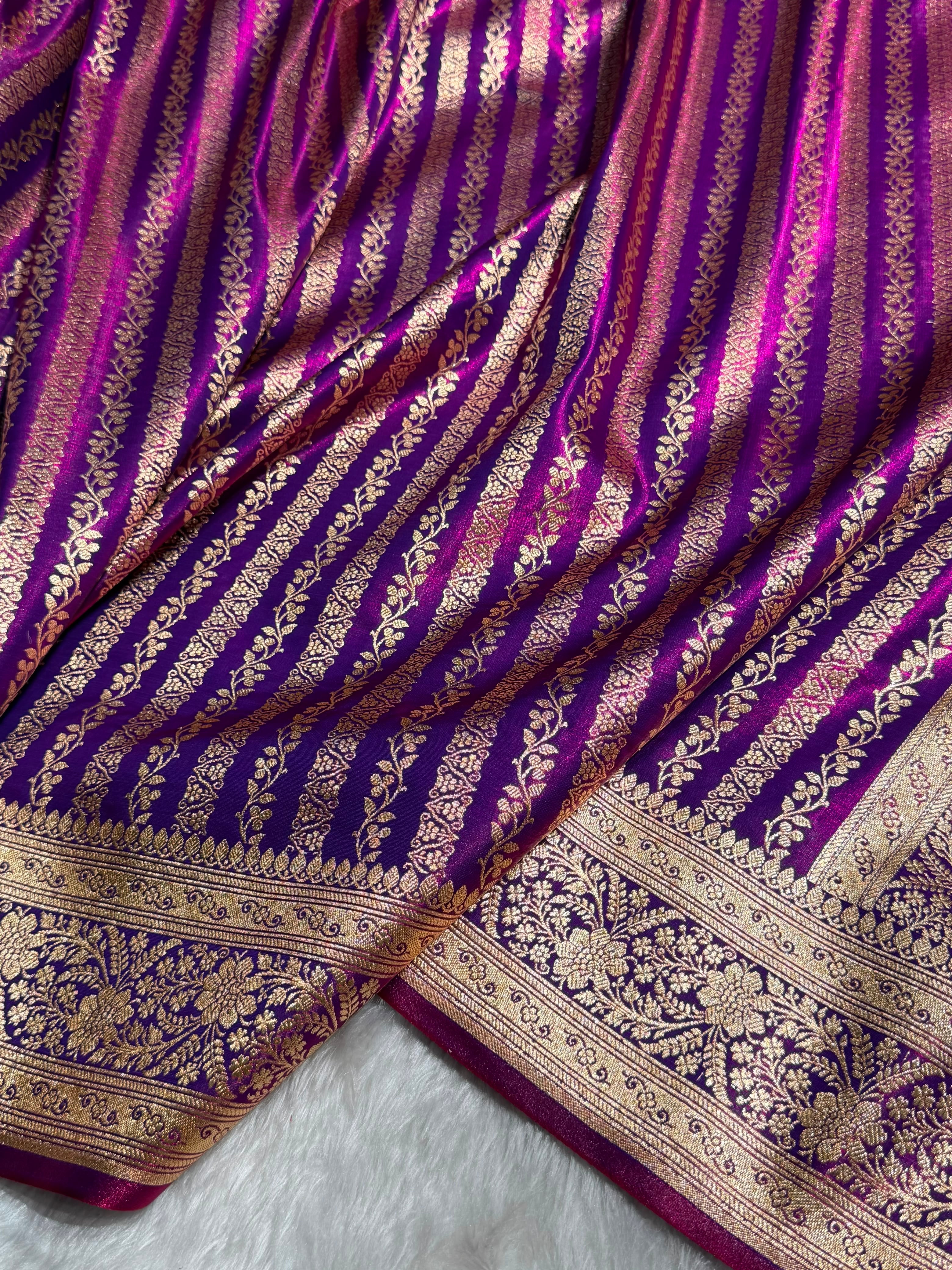 Cross Purple Shades Stripe Pattern Banarasi Satin Silk Saree SS46