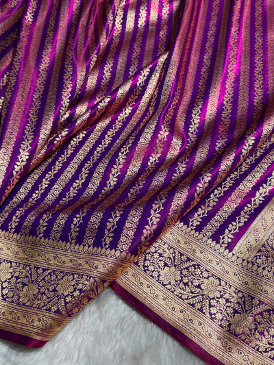 Cross Purple Shades Stripe Pattern Banarasi Satin Silk Saree SS46