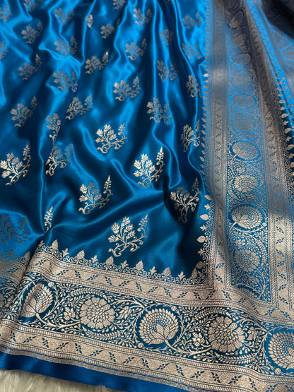 Premium Cross Firozy Blue Banarasi Booti Katan Silk Saree