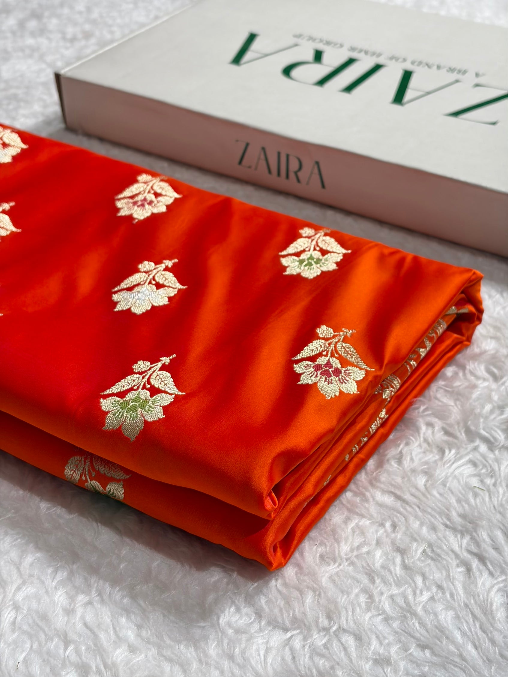 Premium Banarasi Satin Katan Saree With Minakari Boota in Cross Orange Shades SK112