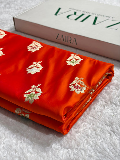 Premium Banarasi Satin Katan Saree With Minakari Boota in Cross Orange Shades SK112