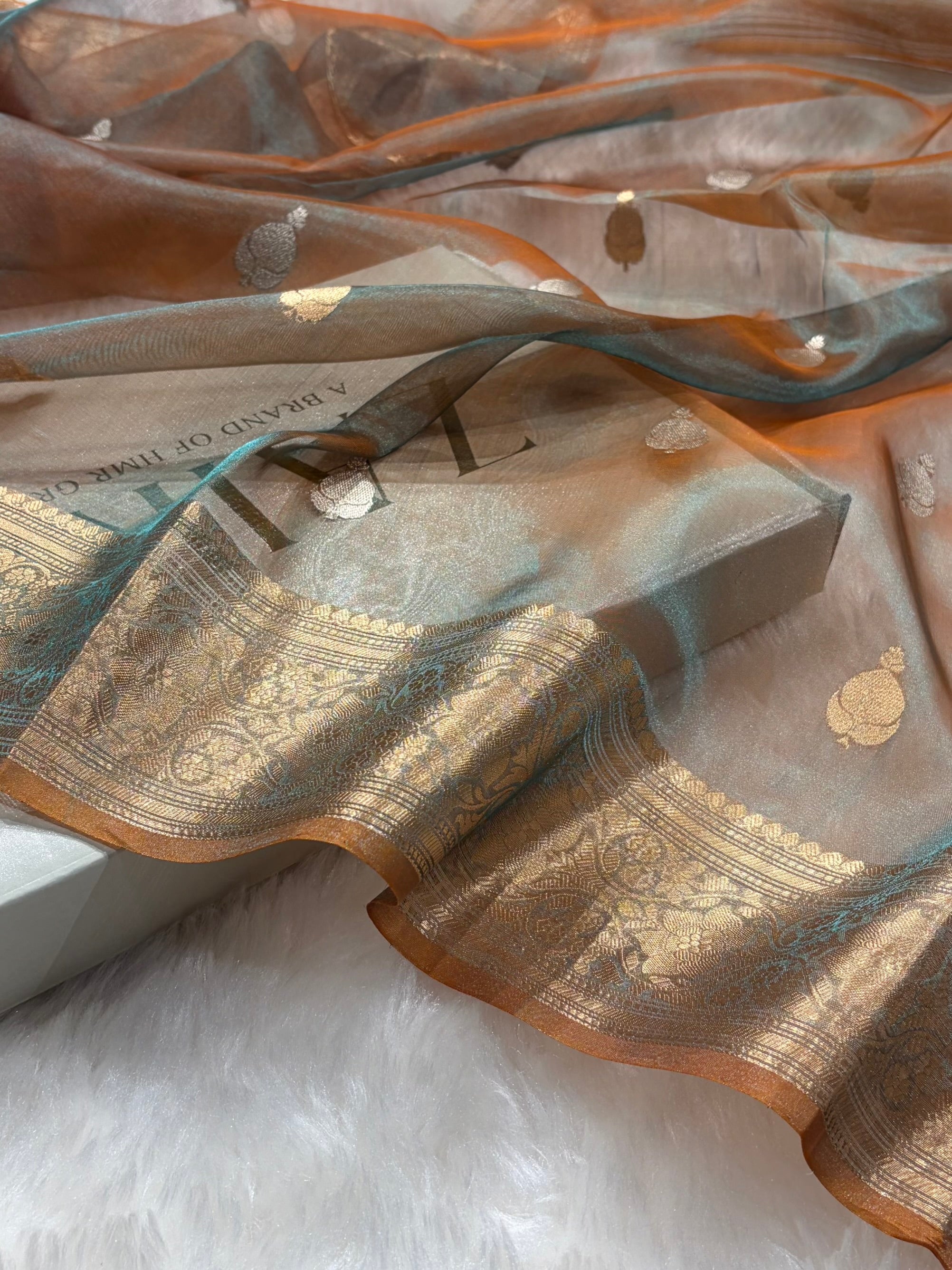 Rust Bananasi Floral Shades Pure Tissue Silk Saree PT-38