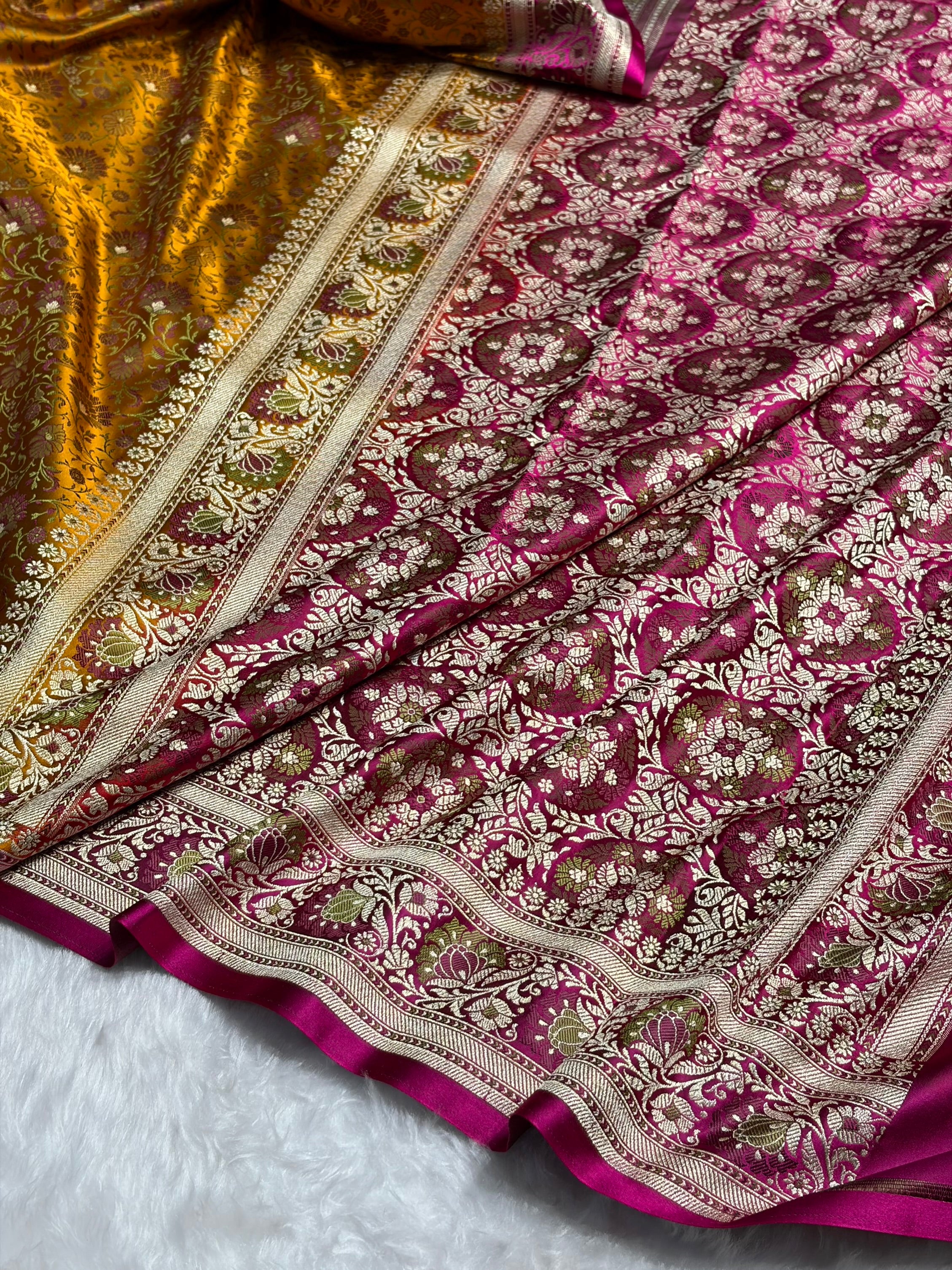 Mustard - Rani Contrast Jamawar Tanchoi Jaal Katan Silk Saree SKTM-18