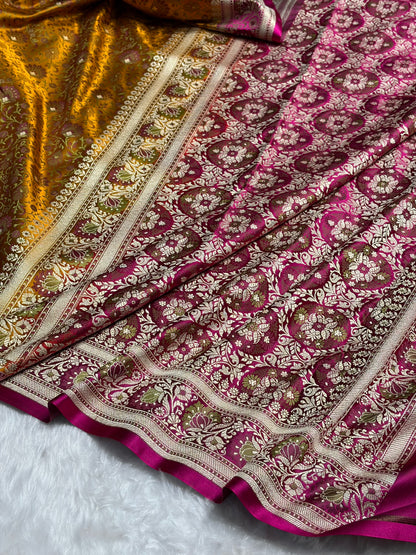 Mustard - Rani Contrast Jamawar Tanchoi Jaal Katan Silk Saree SKTM-18