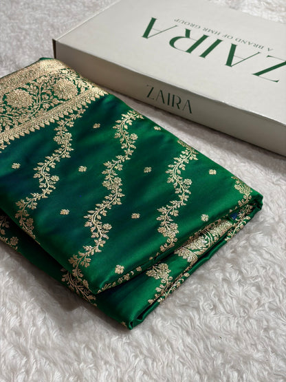 Banarasi Satin Katan Saree With Boota in Cross Green Shades SK108