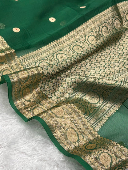 Pure Banarasi Organza Bottle Green Shades With Minakari Floral Banarasi Silk Saree PO-28