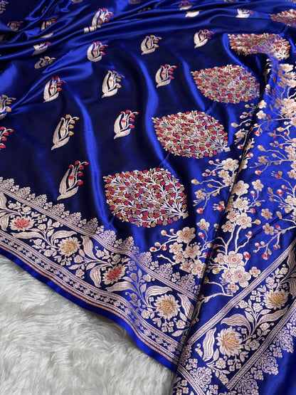 Royal Blue Shades Banarasi Boota Pattern Minakari Floral Mashru Silk Saree MSM-121