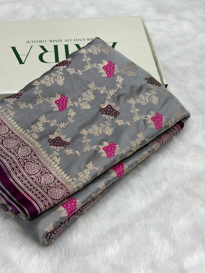 Contrast Gray Shades With Minakari Jaal Pattern Mashru Silk Saree MS57