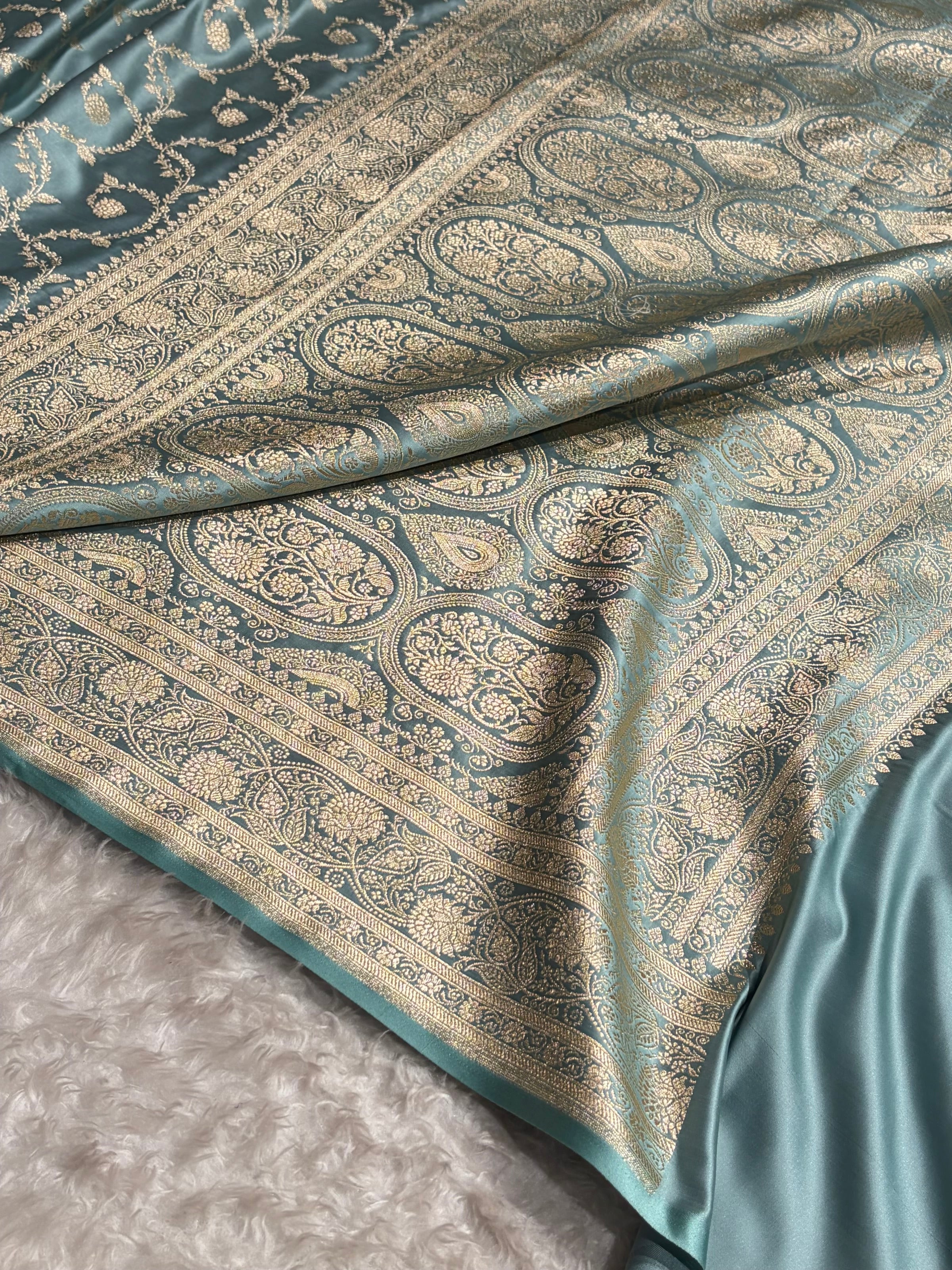 Turquoise Shades Floral Jaal Pattern Satin Katan Silk saree SK55