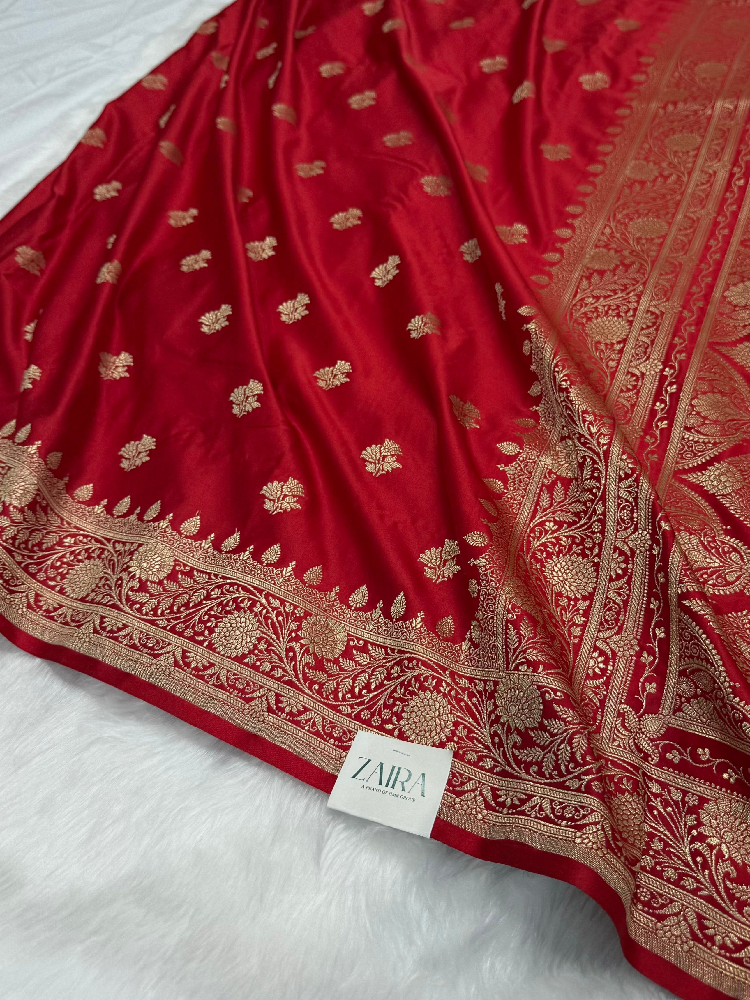 Bridal Red Shades Floral Boota Satin Katan Silk saree SK32