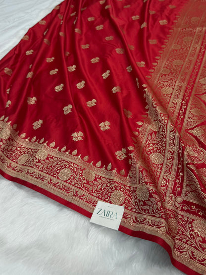 Bridal Red Shades Floral Boota Satin Katan Silk saree SK32