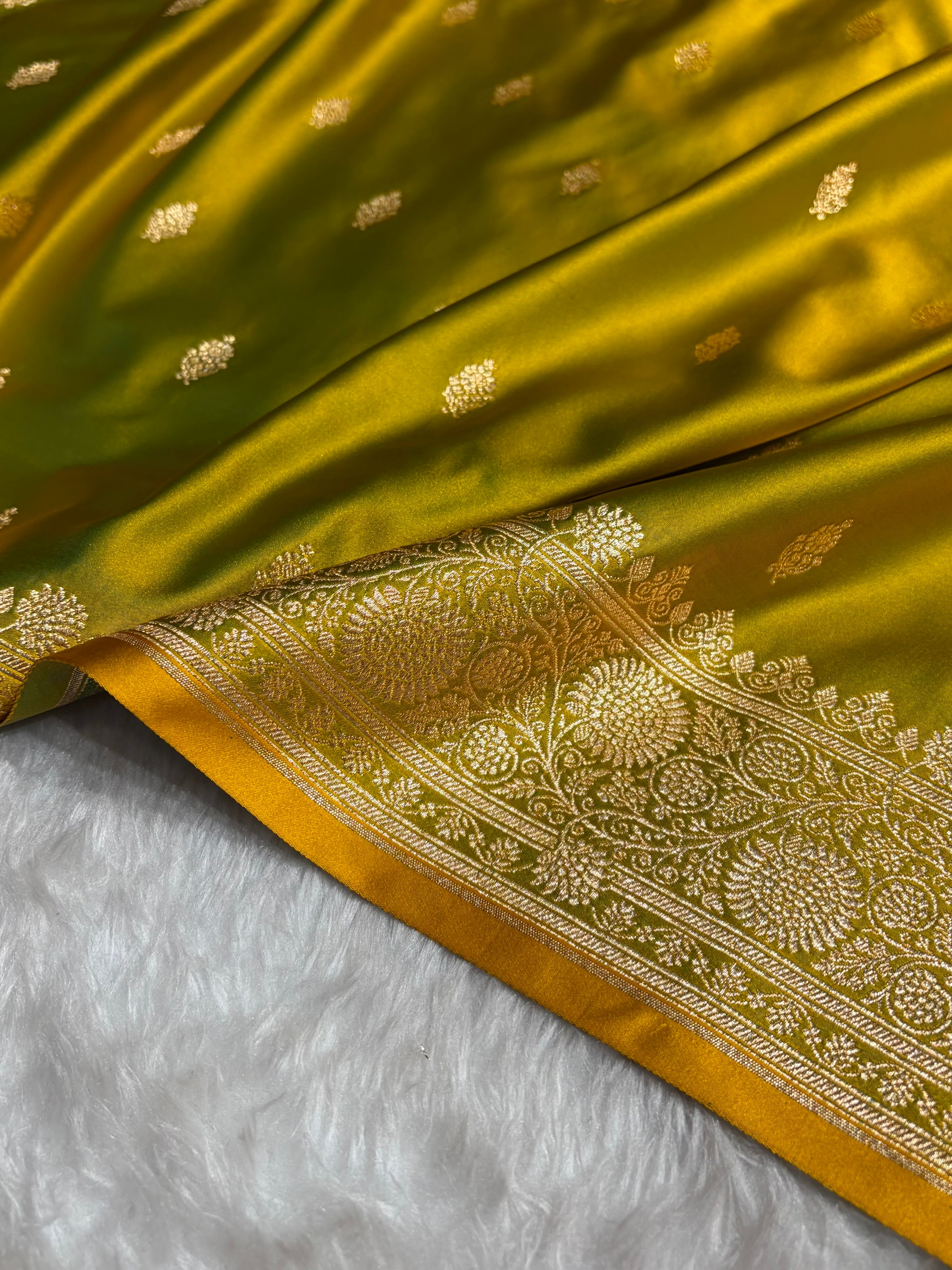 Banarasi Satin Katan Saree in Liril Mehendi Shades SK82