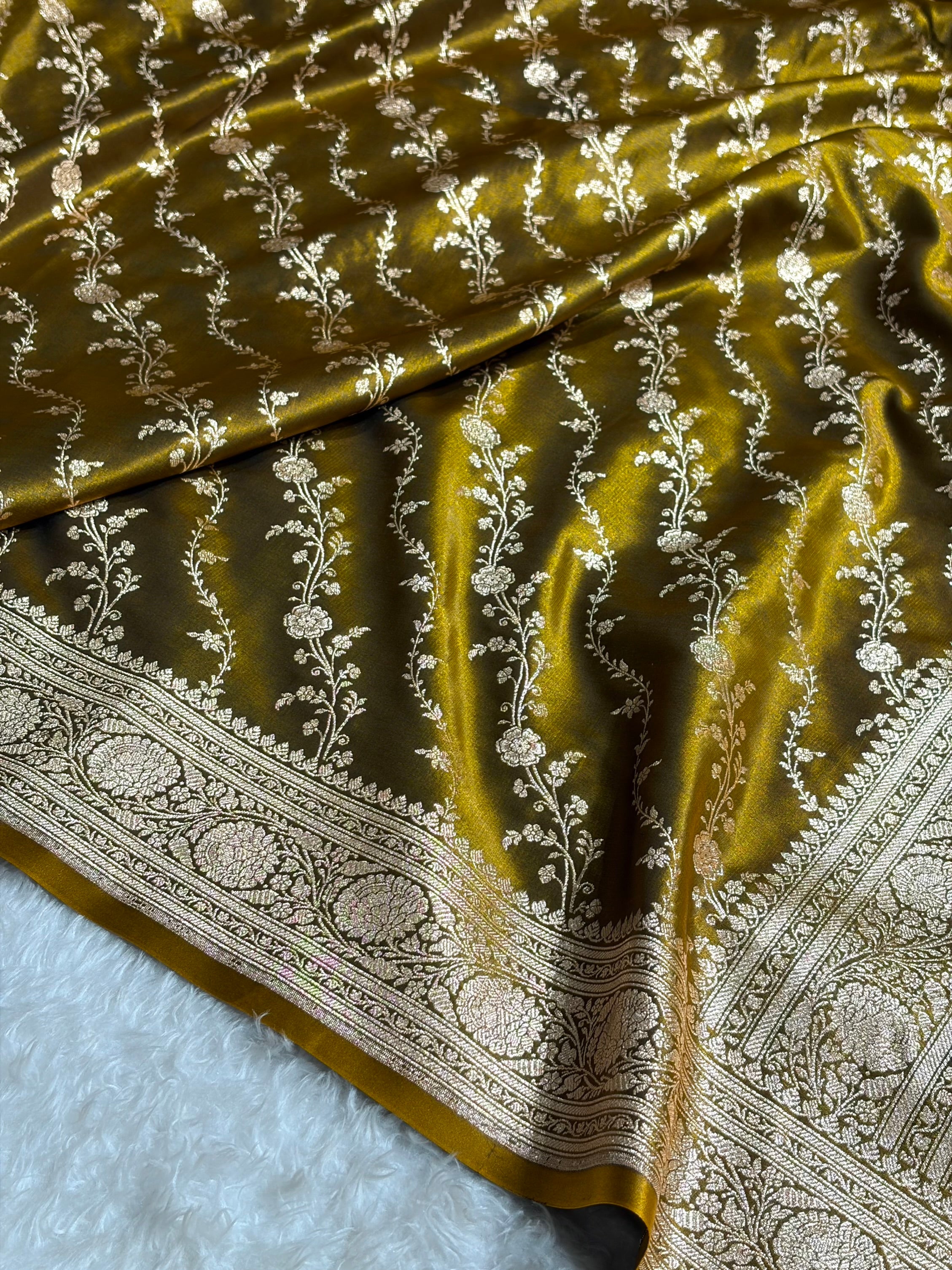 Satin Silk Cross Pattern in Mahndi Shades SS37