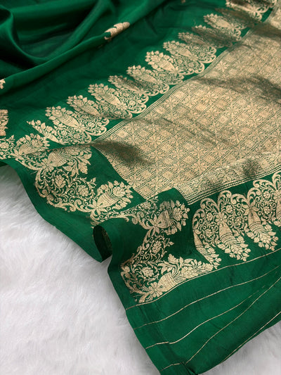 Banarasi Bottle Green Shades Minakari Boota Handwoven Pure Paper Silk RM-79