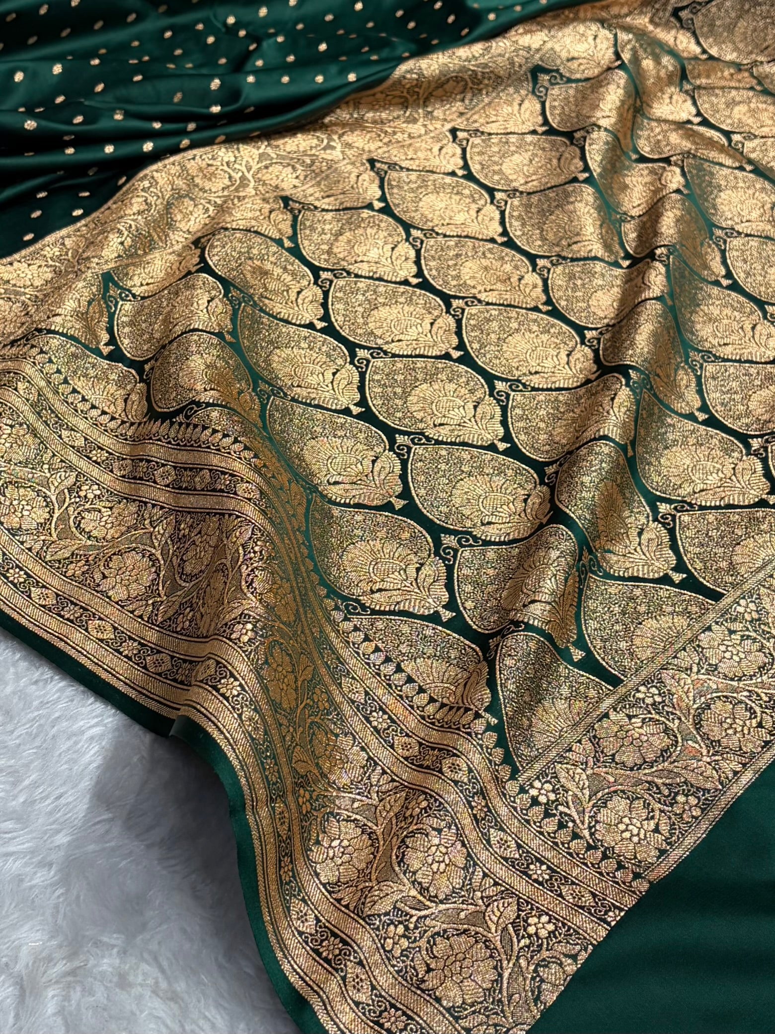 Banarasi Satin Katan Saree With Boota in Bottle Green Shades SK106