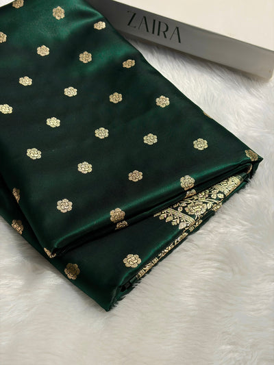 Banarasi Dark Bottle Green Shades Booti Pattern Banarasi Satin Silk Saree SS63