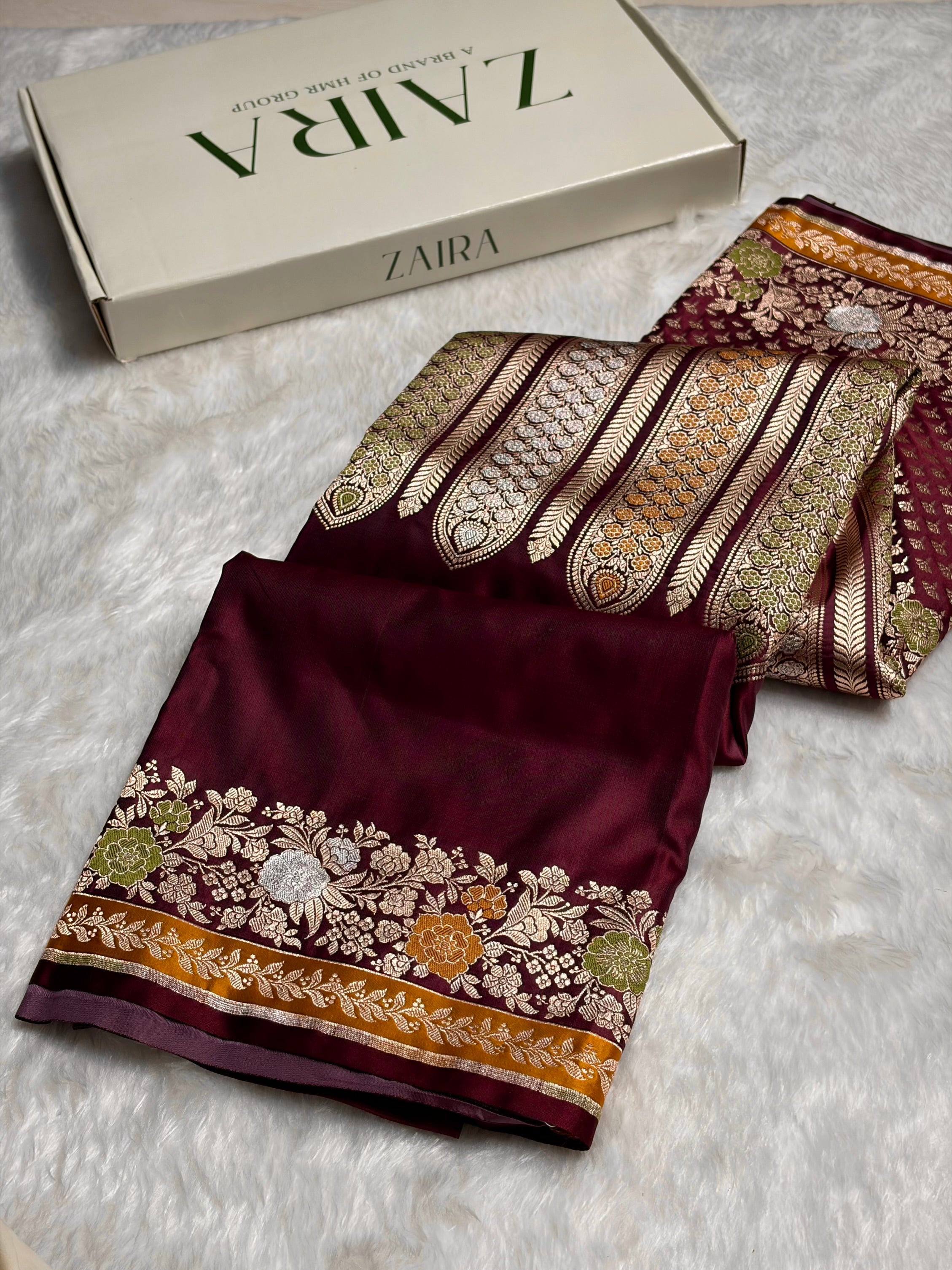 Garnet Shades Floral Minakari Skirt Border Mashru Silk Saree MSM-83