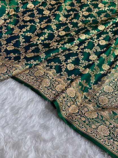 Cross Green Shades Jaal Floral Pattern Satin Katan Silk Saree SK80