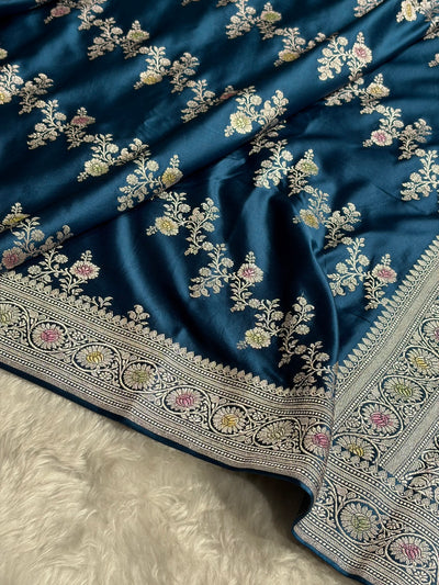 German Blue Minakari Cross Pattern Mashru Silk Saree MCS01