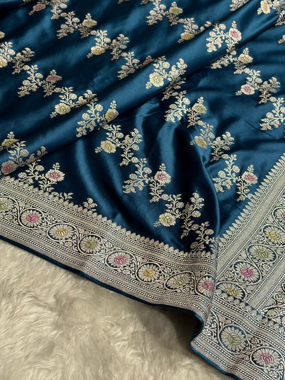 German Blue Minakari Cross Pattern Mashru Silk Saree MCS01
