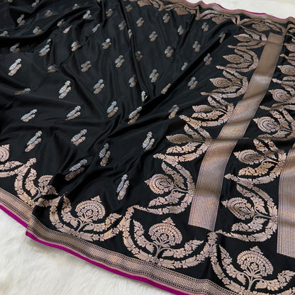 Black Mashru Silk Saree with Rupa Sona Motifs and Scalloped Border